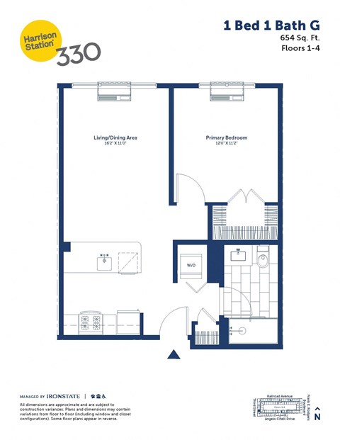 Floor plan for 1 bed, 1 bath, 654 sqft